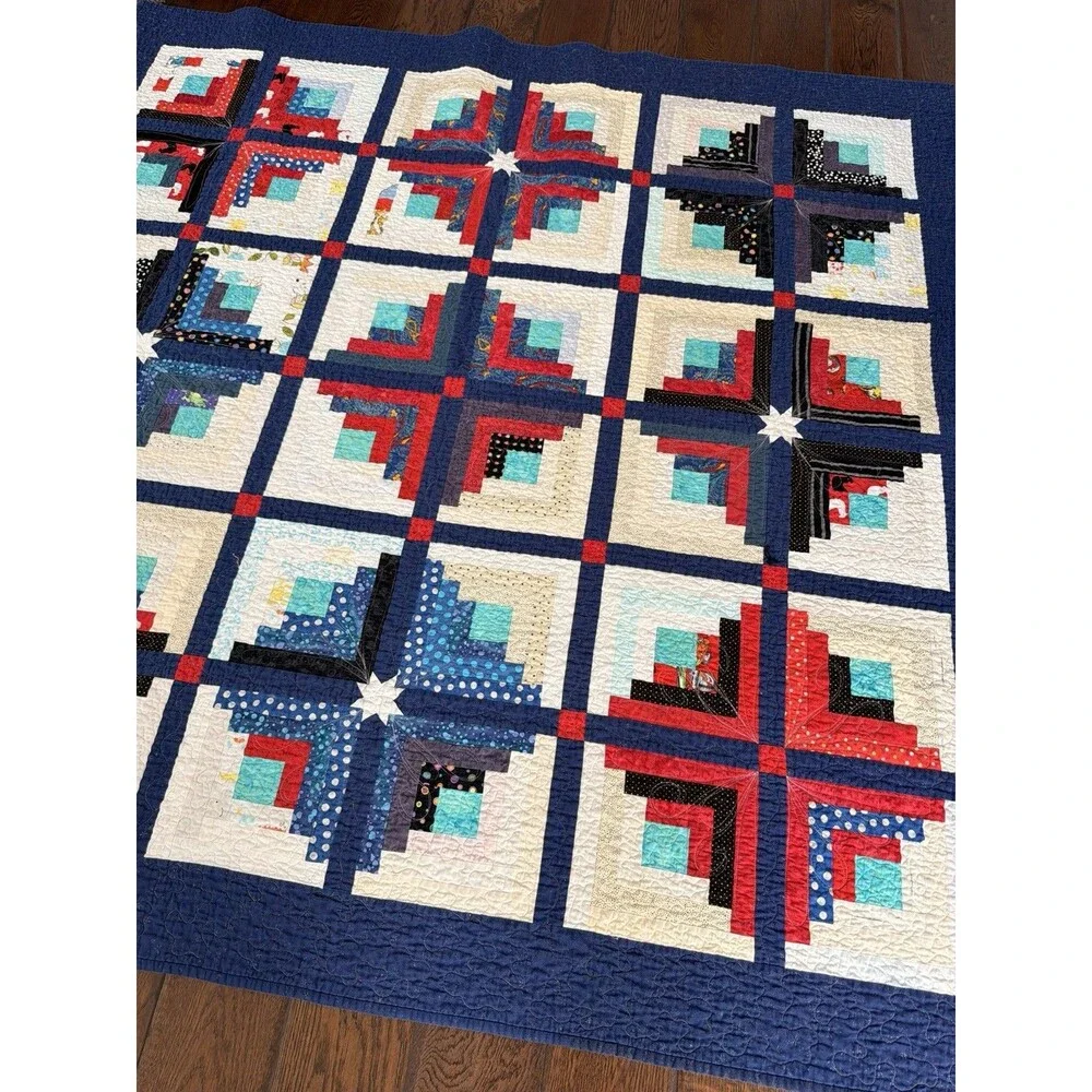 Handmade Log Cabin Patchwork Quilt 57.5x57 Chicken Backing Red Blue Throw